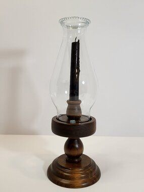Dark Wood Hurricane Candle‎ Holder, Rustic Farmhouse Pedestal Glass Chimney